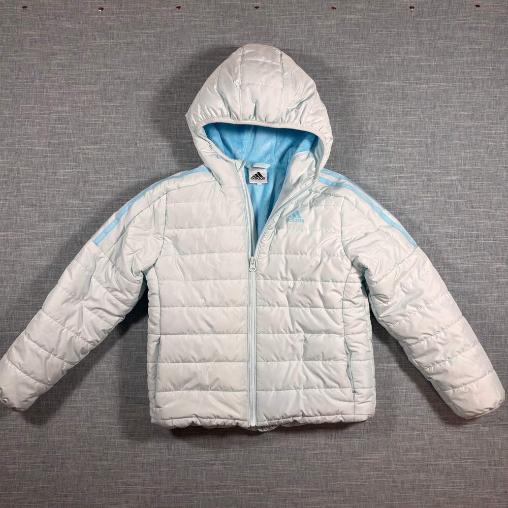 Adidas light blue ski jacket fleece lined winter puffer coat waterproof hood 7/8
